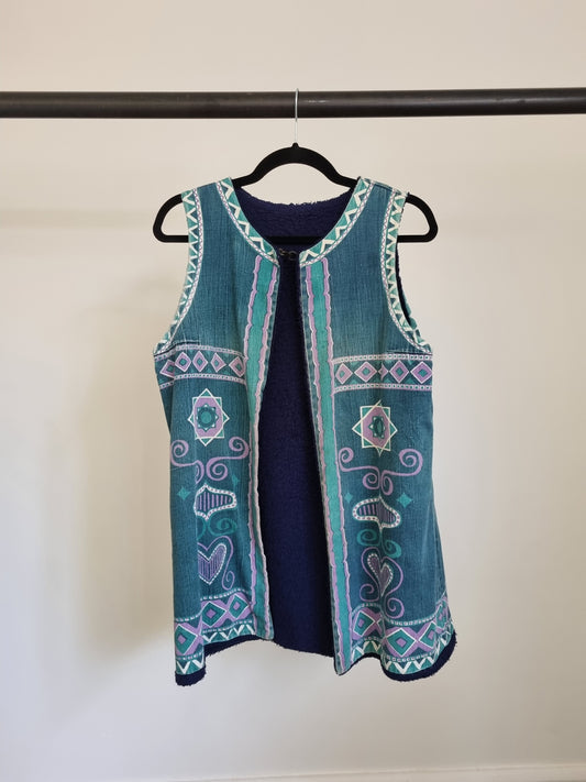 Vintage Denim Waistcoat Teal and Purple Boho 70s festivalwear (LARGE)