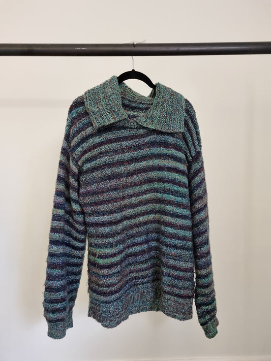 Handmade Striped Jumper Multicolour Green Sweater V-Neck Collar (LARGE)