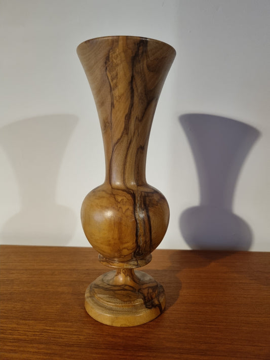 Vase Olive Wood Pedestal Round Flared Rim Vintage Handmade Decor