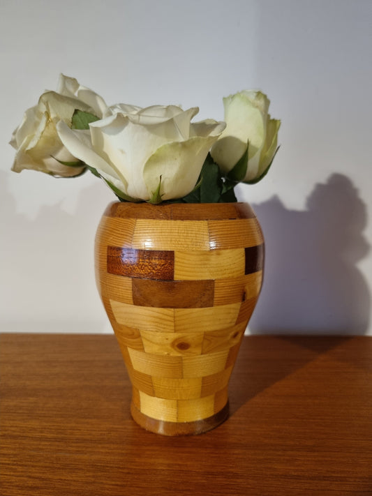 Vase Segmented Checkerboard Contrast Tones Handmade Vintage Wood