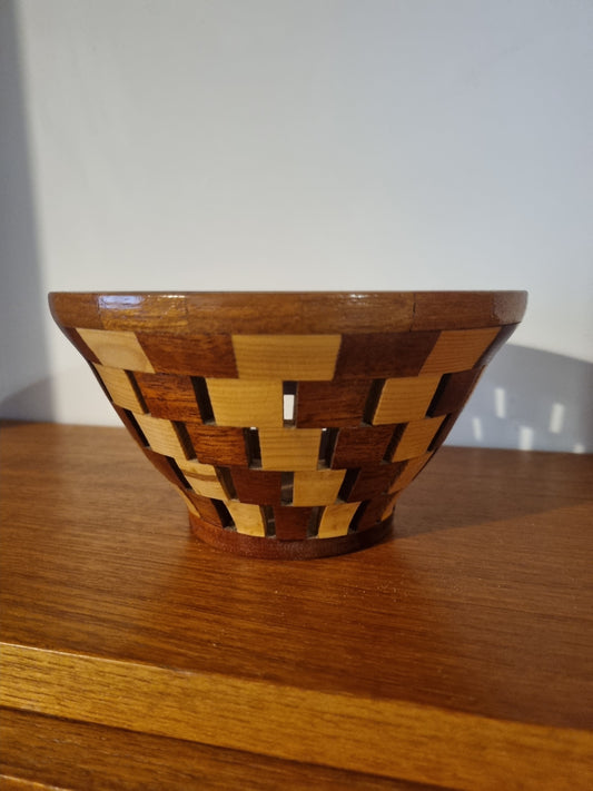Bowl Cut Out Segmented Checkerboard Two Tone Handmade Vintage Decor