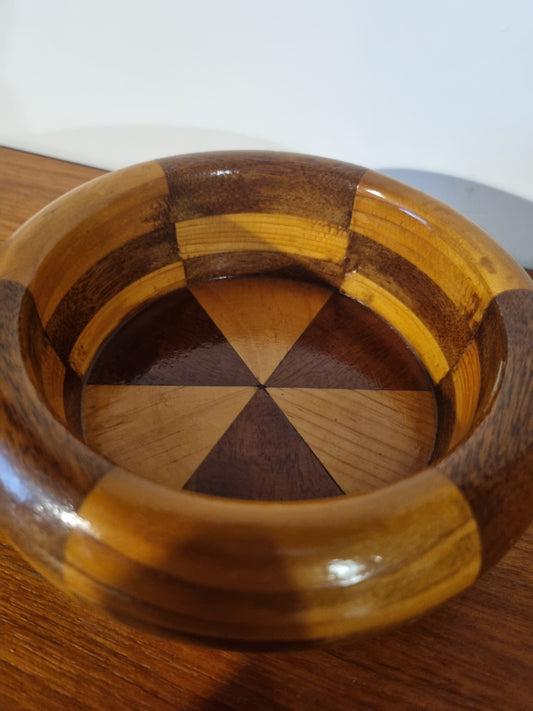 Handmade Vintage Bowl Mid Century Two Tone Checkerboard Wood