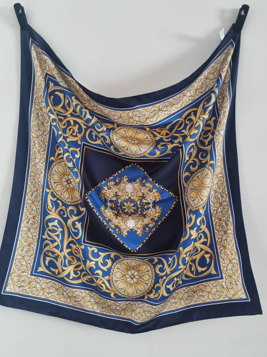 Vintage Italian Scarf Blue and Gold Polyester 100cmx100cm