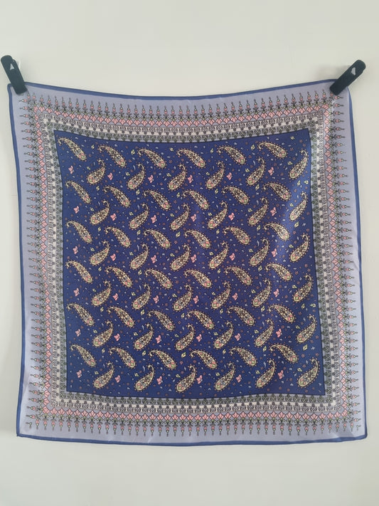 Vintage Blue Paisley 1960s Scarf Polyester 68cmx68cm