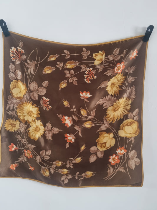 Vintage Brown and Gold floral 1960s Scarf Silk Mix 67cmx67cm
