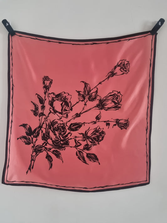 Vintage Pink Roses Bush Floral Rayon Scarf 65cmx65cm