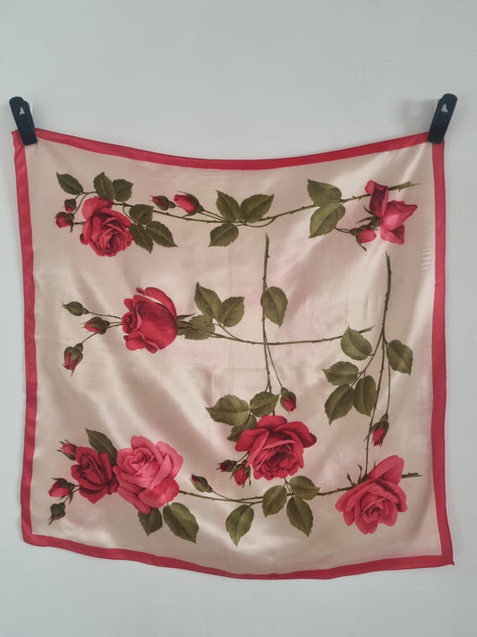 Vintage St Michael Rose Print Satin Foulard Scarf Italian 68cmx68cm