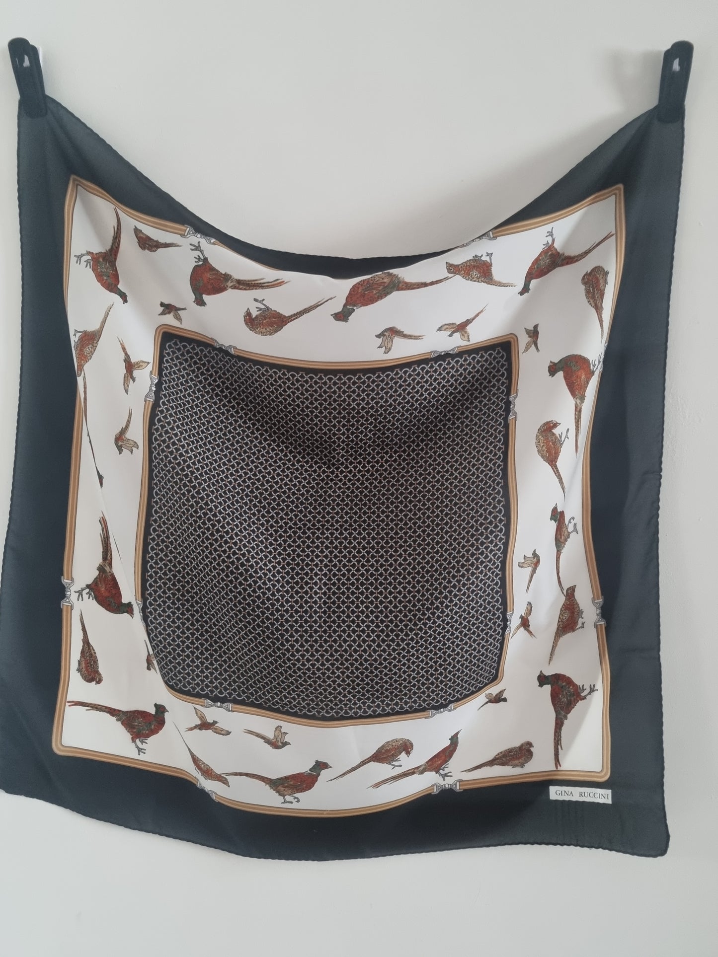 Vintage Gina Ruccini Pheasant Hunting Black Polyester Scarf 77cmx77cm