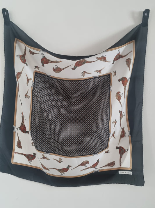 Vintage Gina Ruccini Pheasant Hunting Black Polyester Scarf 77cmx77cm