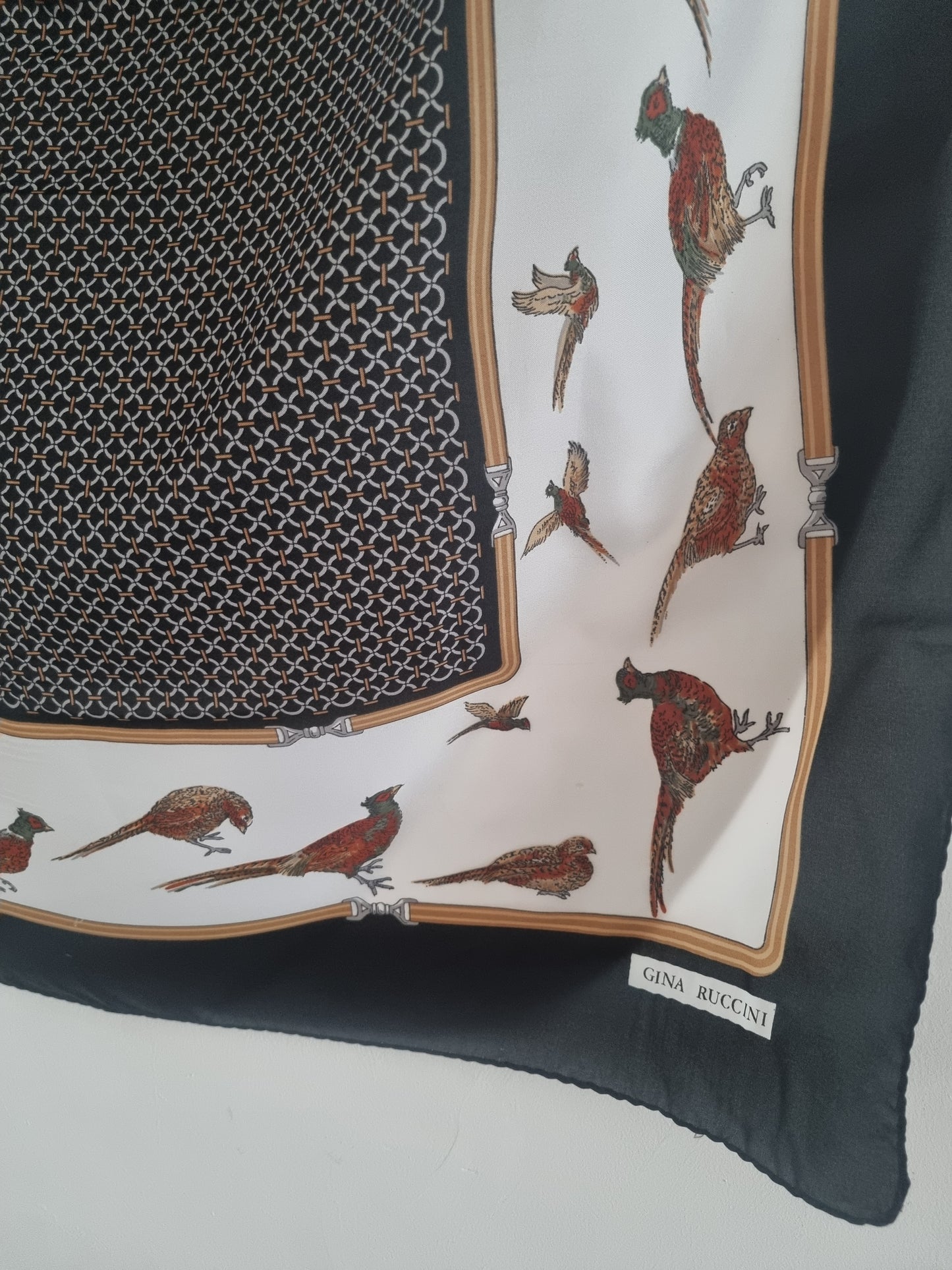 Vintage Gina Ruccini Pheasant Hunting Black Polyester Scarf 77cmx77cm