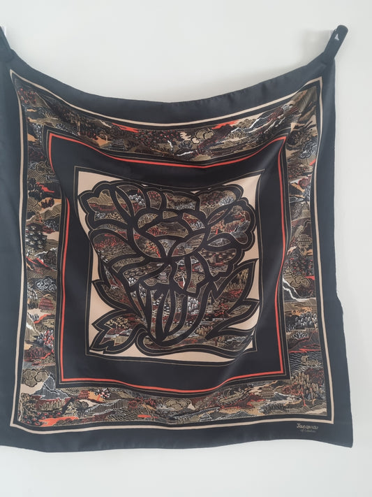 Vintage Jacqmar of London Black Oriential Scenes Polyester Scarf 79cmx79cm