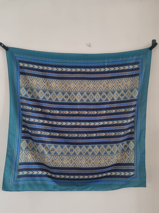 Vintage Blue Stripey Gold Thread Large Beach Sari Scarf Polyester Large 108cmx108cm