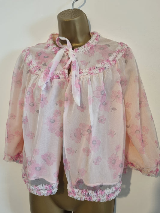 Vintage St Michael Pink Floral Cropped Ruffle Bed Jacket