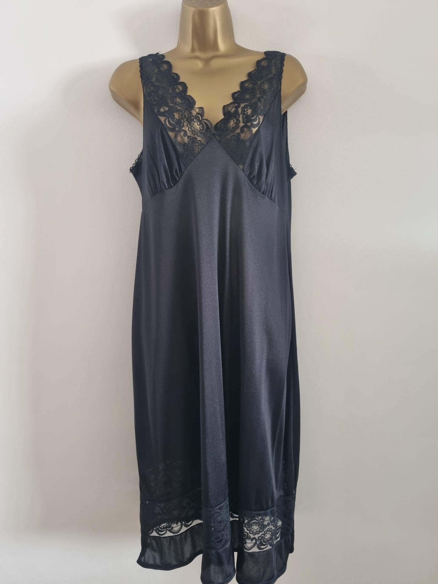 Vintage Midi Plunge Neck Lace Bust Black Slip Dress Elegance