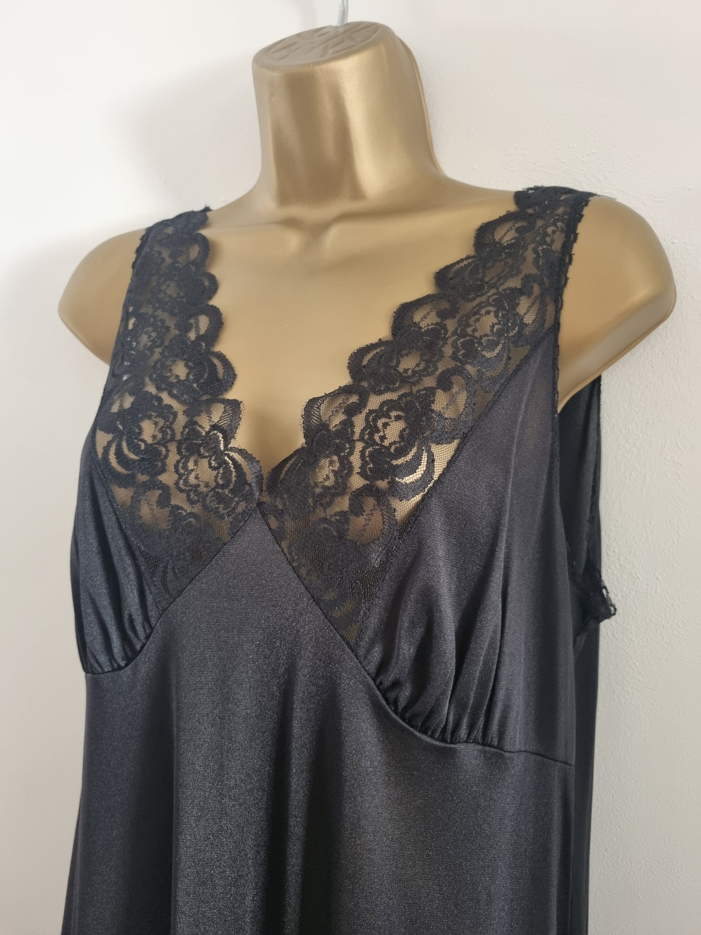 Vintage Midi Plunge Neck Lace Bust Black Slip Dress Elegance