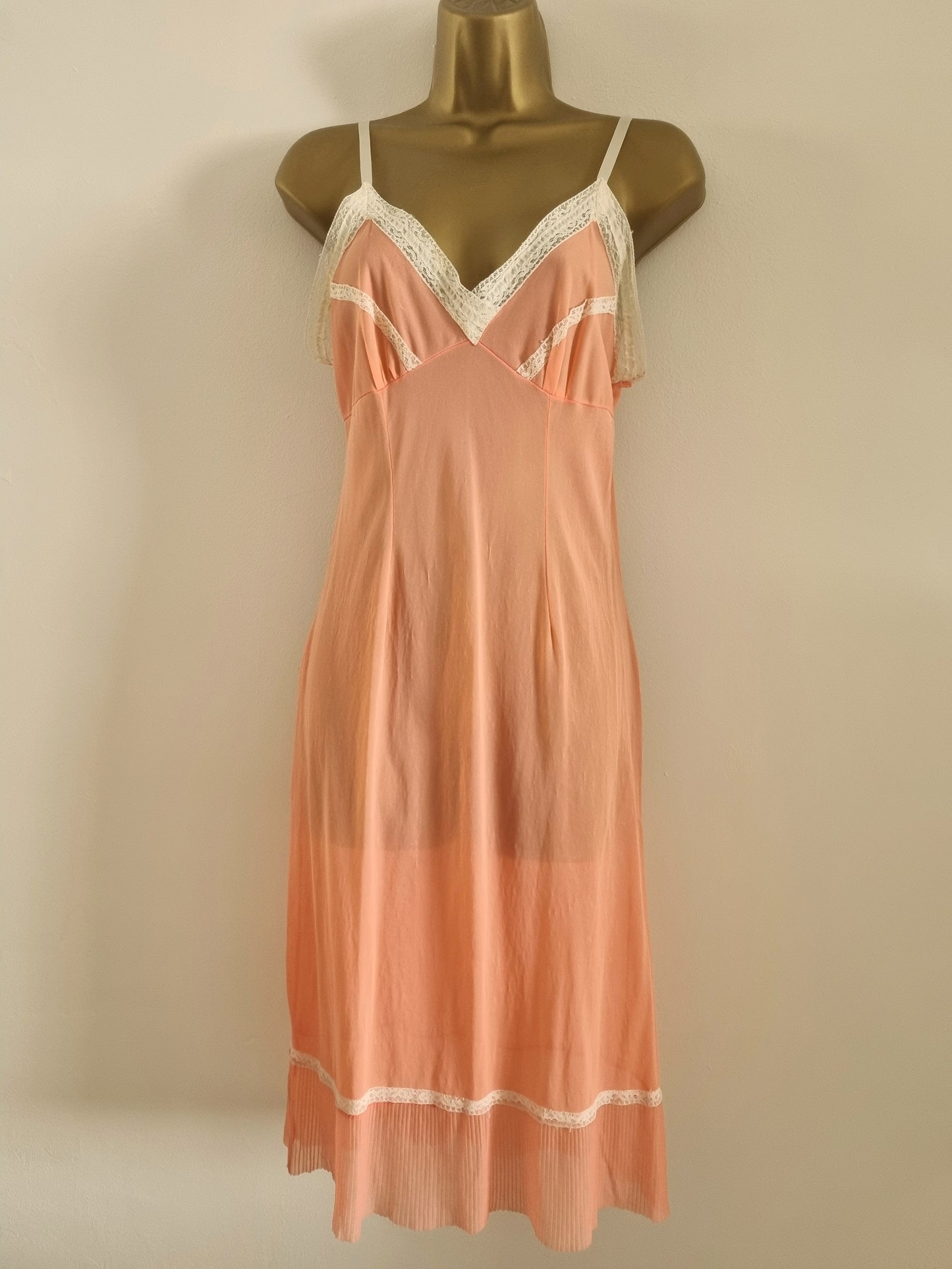 Vintage Pink and White Contrast Pleated Lace Midi Slip Dress