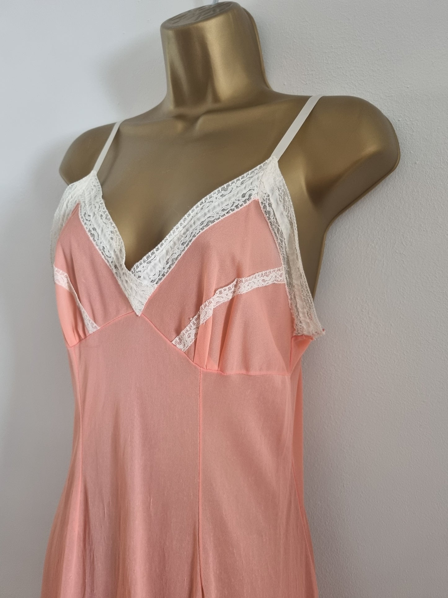 Vintage Pink and White Contrast Pleated Lace Midi Slip Dress