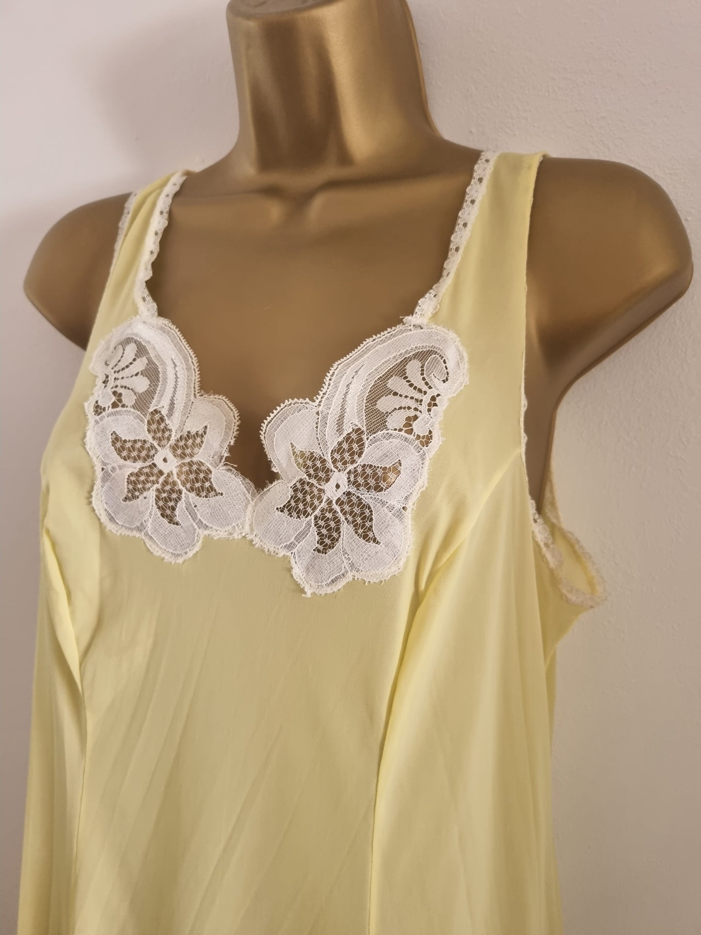 Vintage Yellow Slip Dress with White Contrast Lace Elegance