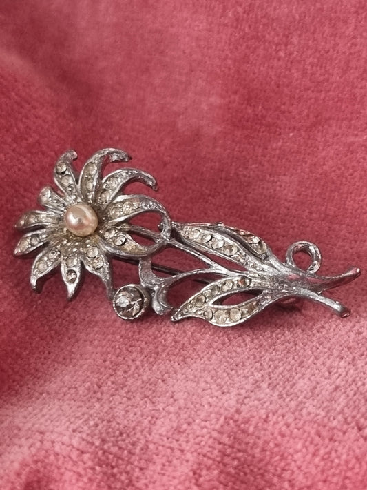 Vintage Brooch 835 Silver and Marcasite Flower Faux Pearl Floral