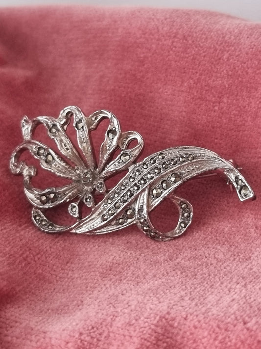 Vintage Brooch Sterling Silver Marcasite Bow Flower Floral 1950s Ribbon