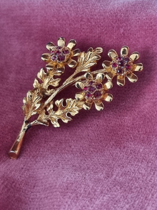 Vintage Brooch Gold Tone Red Rhinestones Three Flower Floral