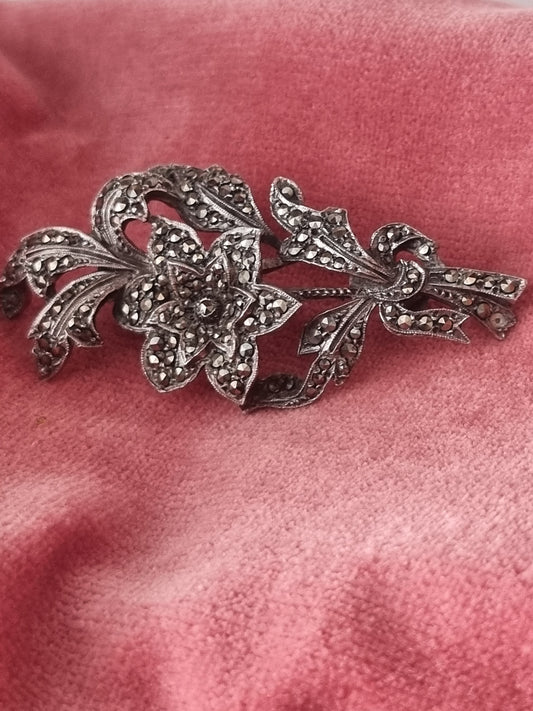 Vintage Brooch Silver and Marcasite Art Nouveau Floral Bouquet