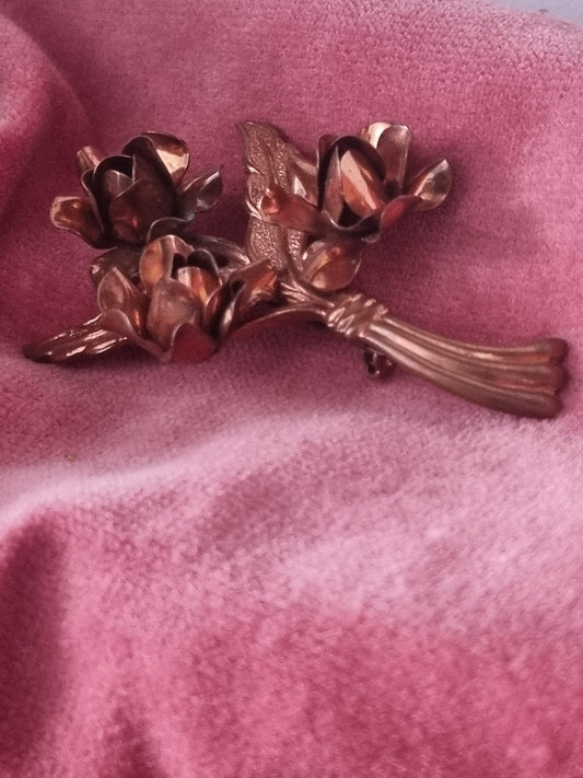 Vintage Brooch All Metal 1940s Rose Flower Floral Copper Colour
