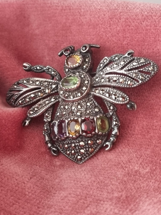 Vintage Brooch Victorian Silver 925 Bee. Genuine Carbachons