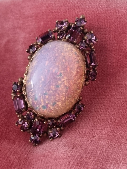 Vintage Brooch Large Opal Purple Glass Paste Stones Oval