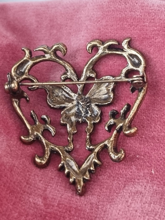 Vintage Brooch Metal Costume Heart Butterfly Orange Paste