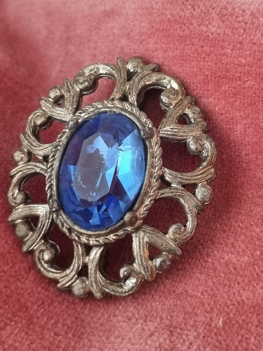 Vintage Brooch Silver Tone Art Nouveau Style Blue Glass