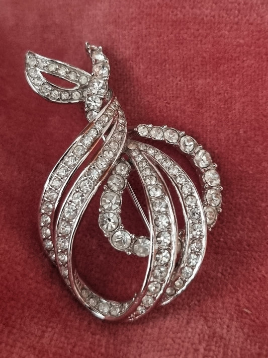 Vintage Brooch Attwood and Sawyer Chrome & Swarovski Crystal. 1960s Ribbon Twist Signed A and S