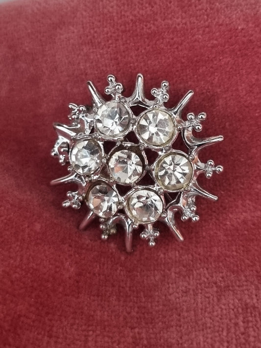 Vintage Brooch Silver Tone Atomic Starburst Rhinestone Costume