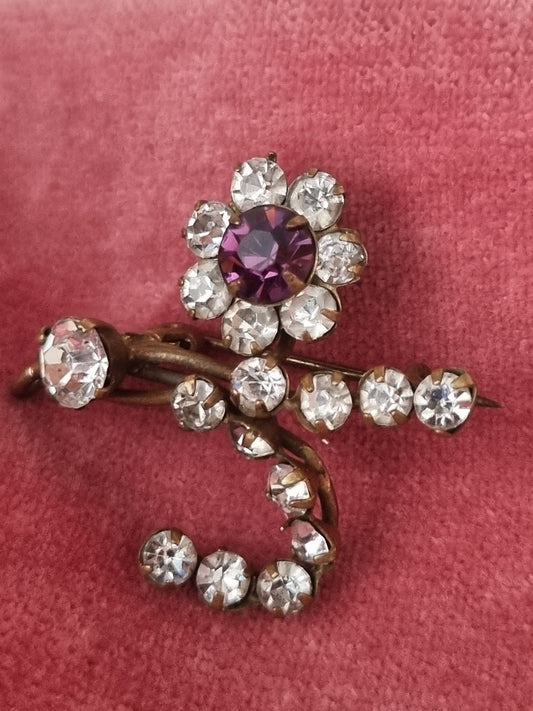 Vintage Brooch Purple Clear Glass Floral 1950s Wirework Rhinestone