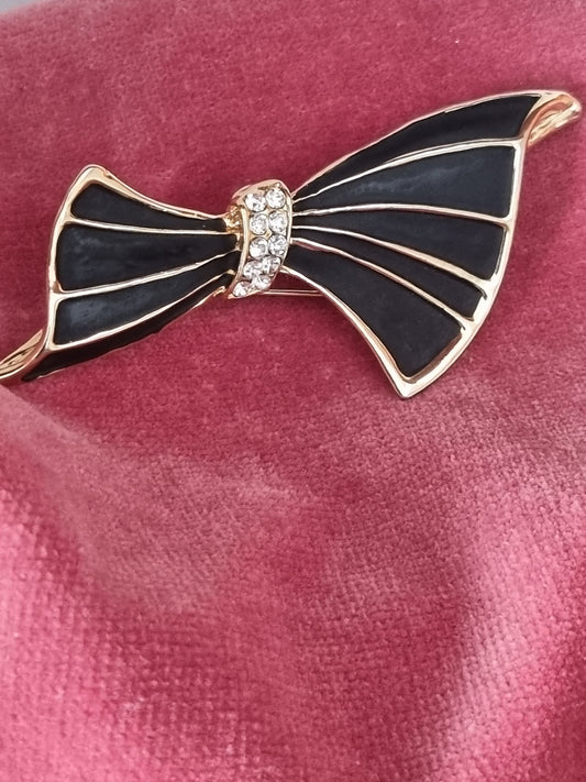 Vintage Brooch Gold Tone Black and White Bow Glass Paste Gems