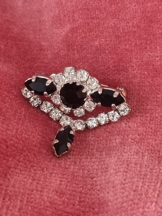 Vintage Brooch Black and Clear Mid Century Rhinestone
