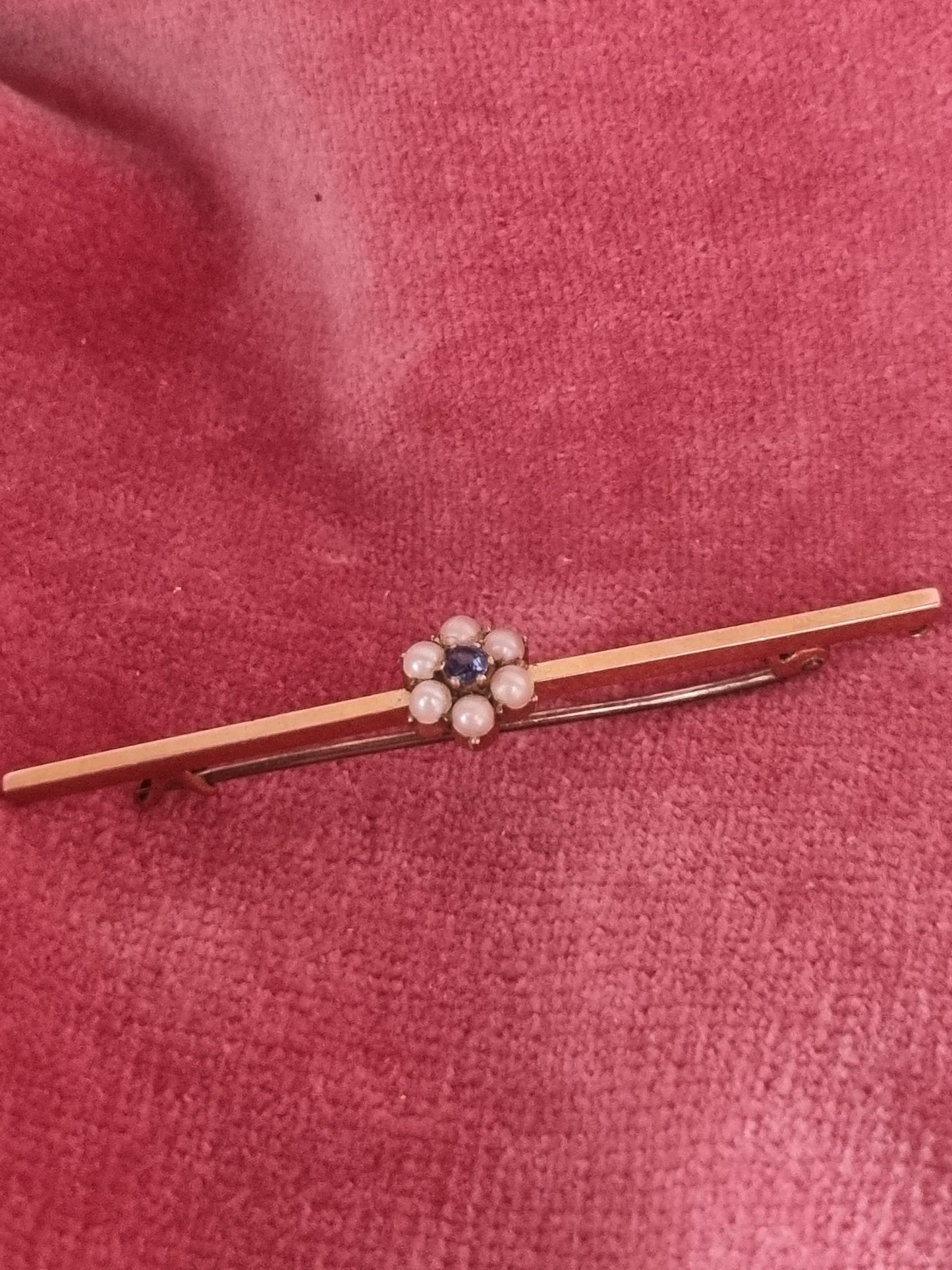 Vintage Brooch 15 KT Gold Stamped Blue Sapphire Seed Pearls Bar Pin Flower