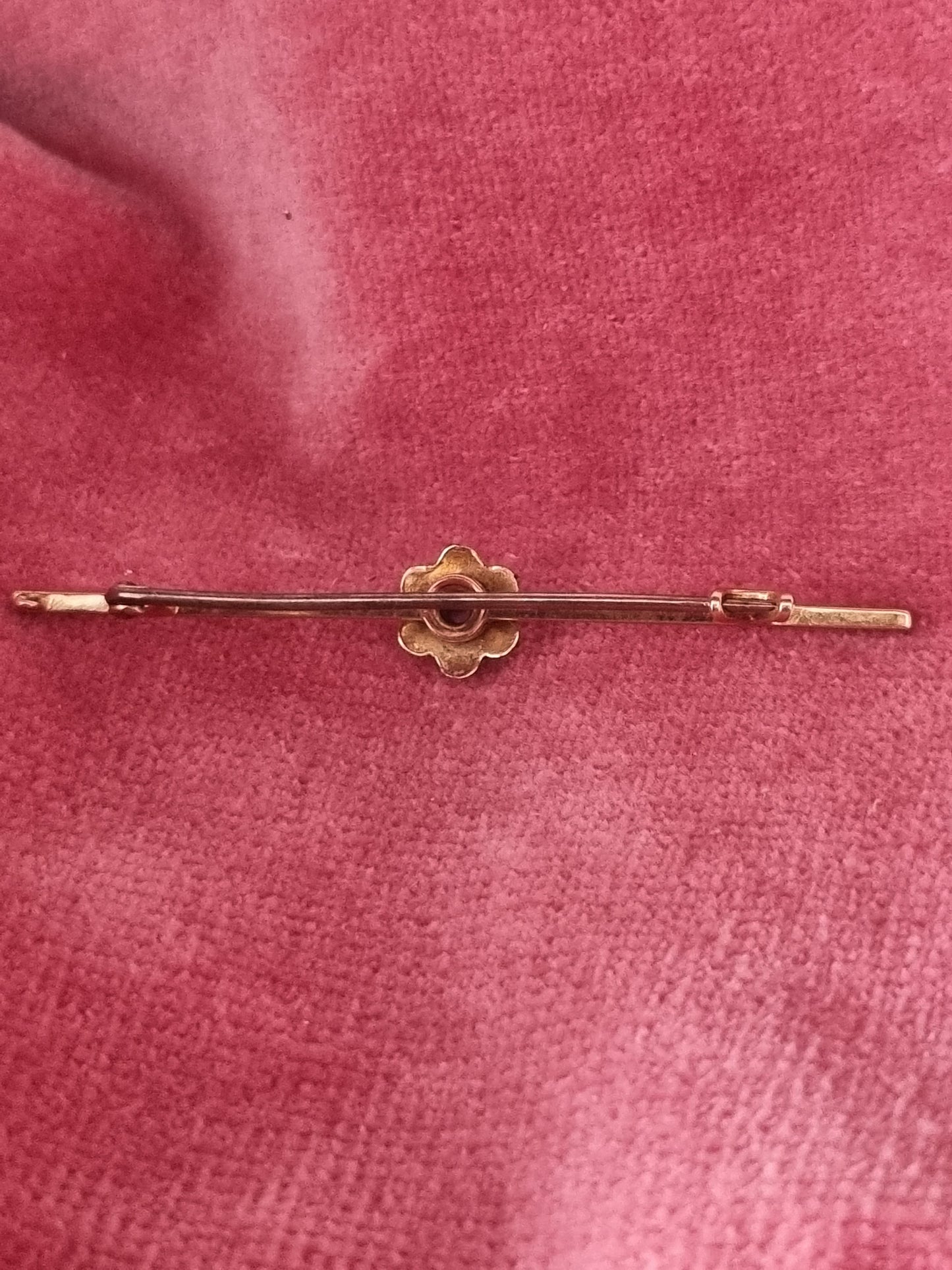 Vintage Brooch 15 KT Gold Stamped Blue Sapphire Seed Pearls Bar Pin Flower
