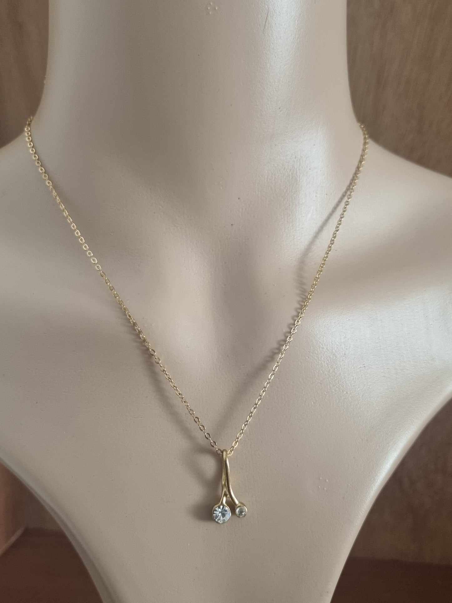 Vintage Necklace Gold Plated Silver Wishbone Pendant Paste Stones.