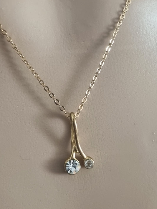 Vintage Necklace Gold Plated Silver Wishbone Pendant Paste Stones.