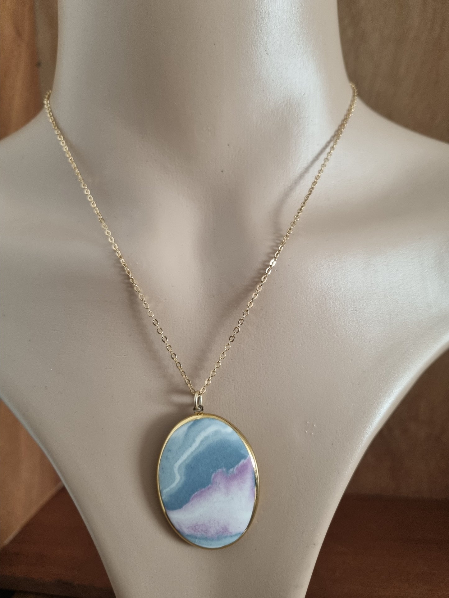 Vintage Necklace Skyscene Gold Tone Costume Pendant and Chain Glass and Plaster Stone