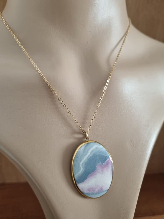 Vintage Necklace Skyscene Gold Tone Costume Pendant and Chain Glass and Plaster Stone