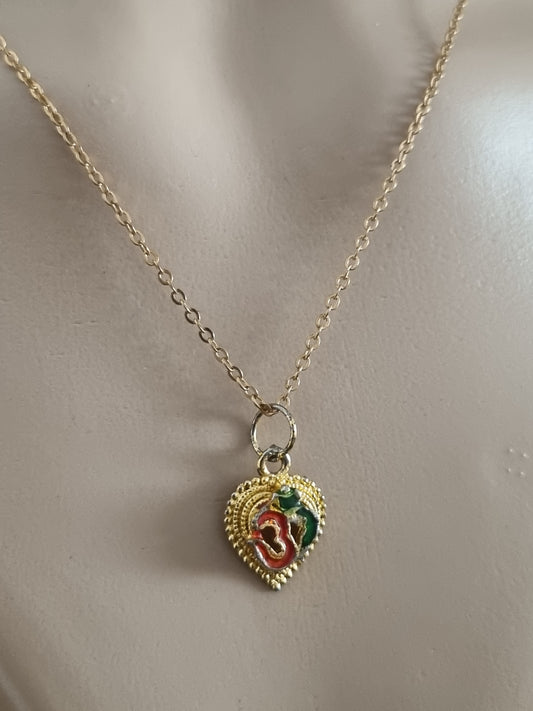 Vintage Necklace Ohme Symbol Enamel Gold Tone Pendant and Chain