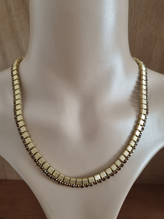 Vintage Necklace Gold Tone Mid Century Square Link Cognac Brown Choker