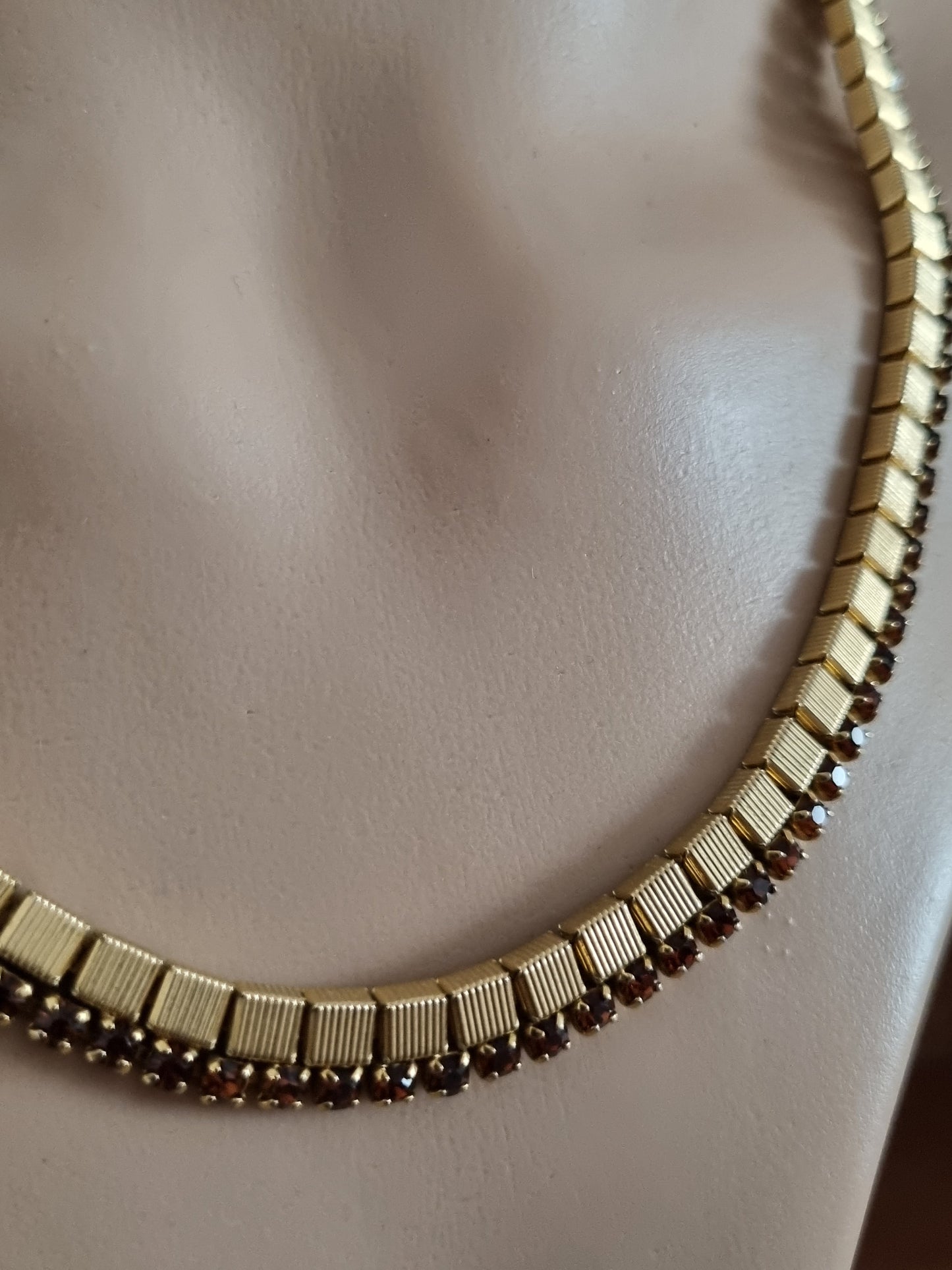 Vintage Necklace Gold Tone Mid Century Square Link Cognac Brown Choker