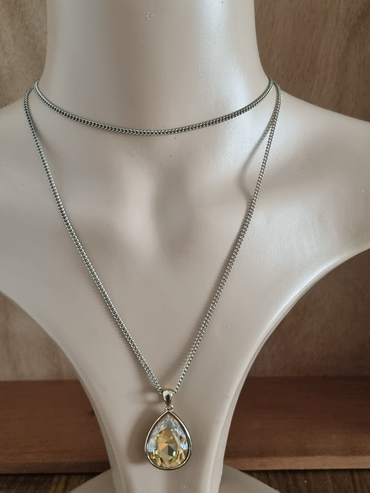 Vintage Necklace Long Chain Citrine Teardrop Costume Pendant and Chain