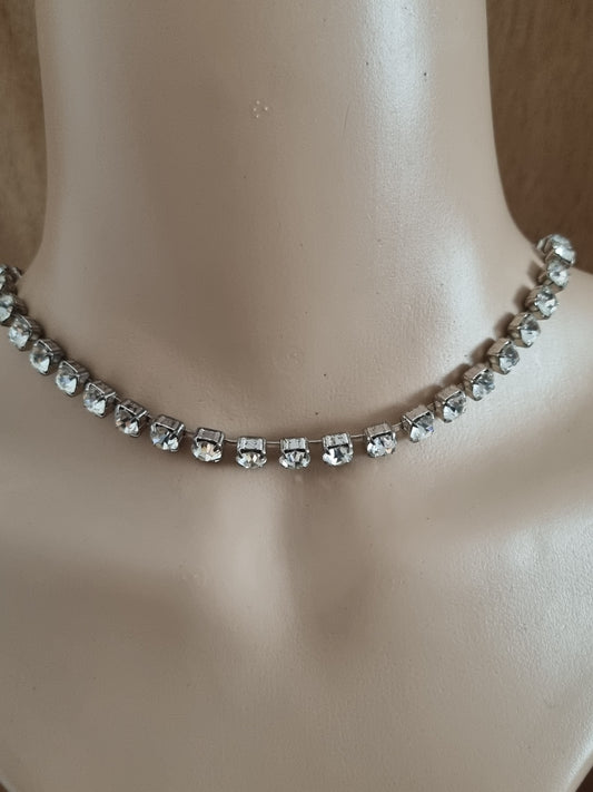 Vintage Necklace Silver Tone 1950s Rhinestone Choker