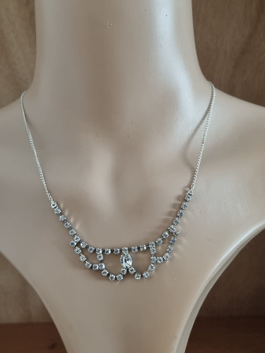 Vintage Necklace  Silver Tone 1950s Rhinestone Art Deco
