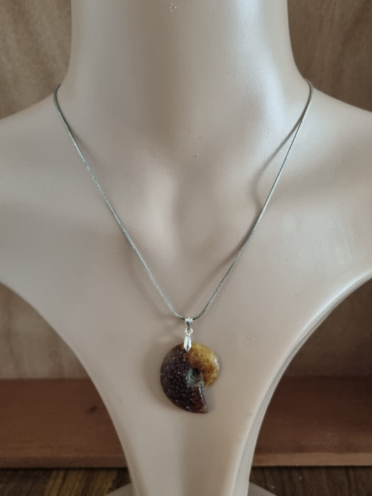 Vintage Necklace Silver Ammonite Fossil Pendant. 925 Sterling Silver, 18ct Gold Plated