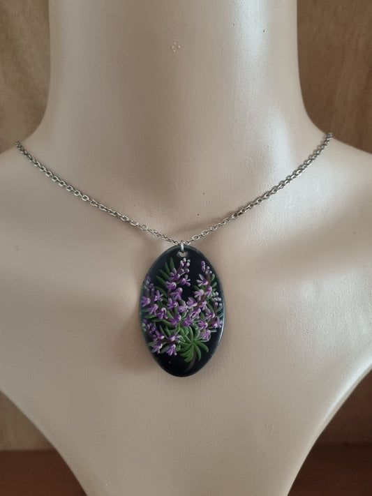 Vintage Necklace Hand Enamelled Silver Tone Chain Thistle Flower Purple and Black Pendant